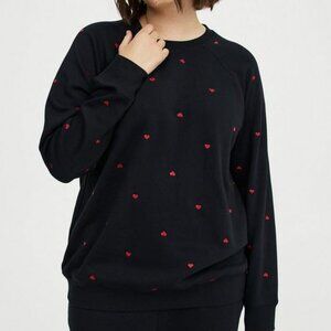 Torrid size 2 2x Cozy Fleece Raglan Sweatshirt Black and Red Dainty Ditsy Hearts